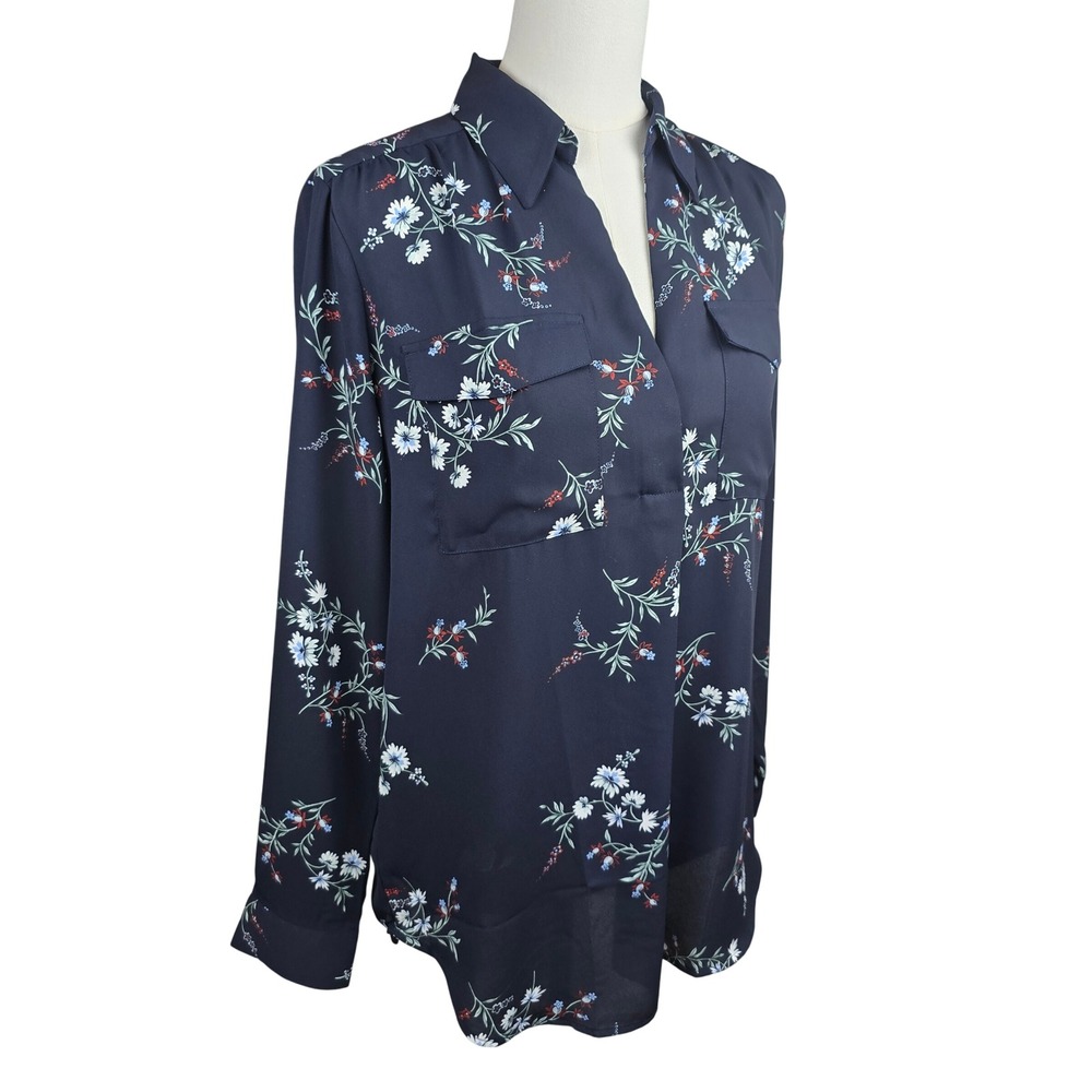Ann Taylor Floral Blouse Women M Navy Blue Popover Camp Cottagecore Feminine